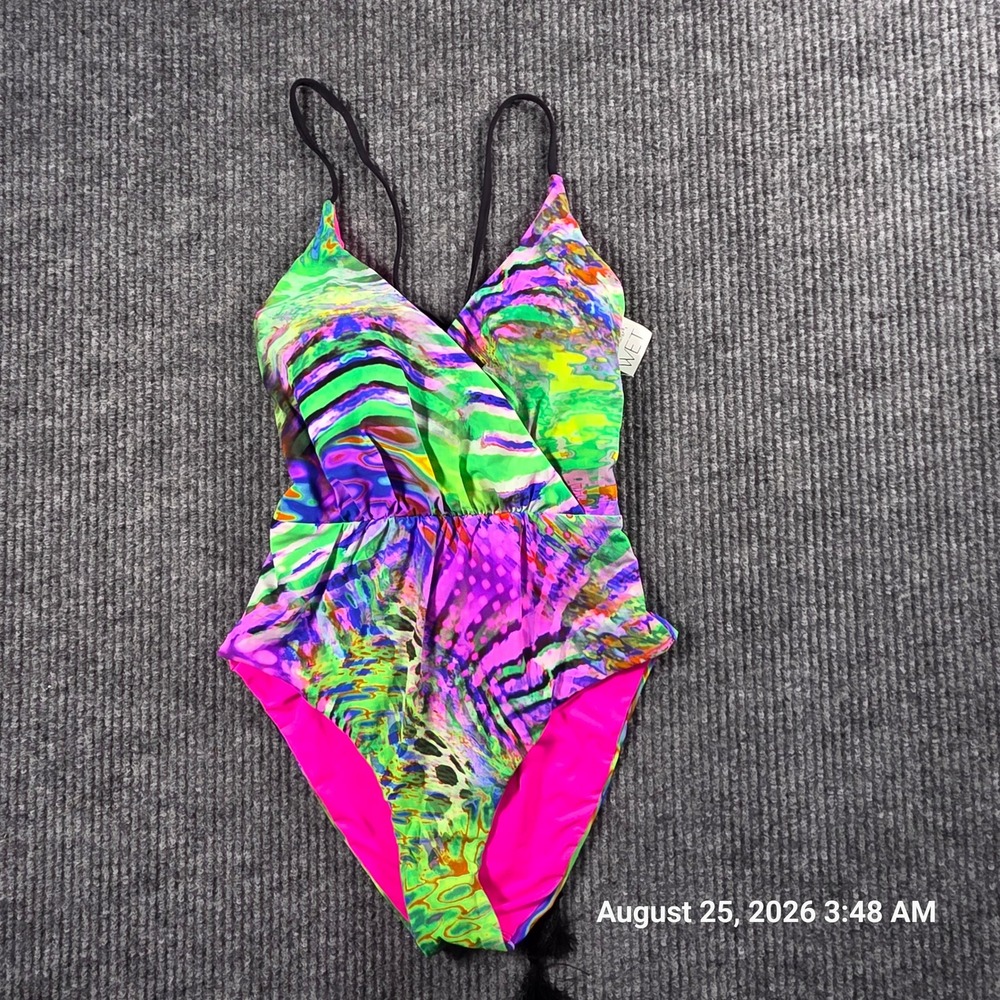 WET Swimwear Neon Multi Abstract One Piece Swimsuit Lace Up Back K4352 Small NWT